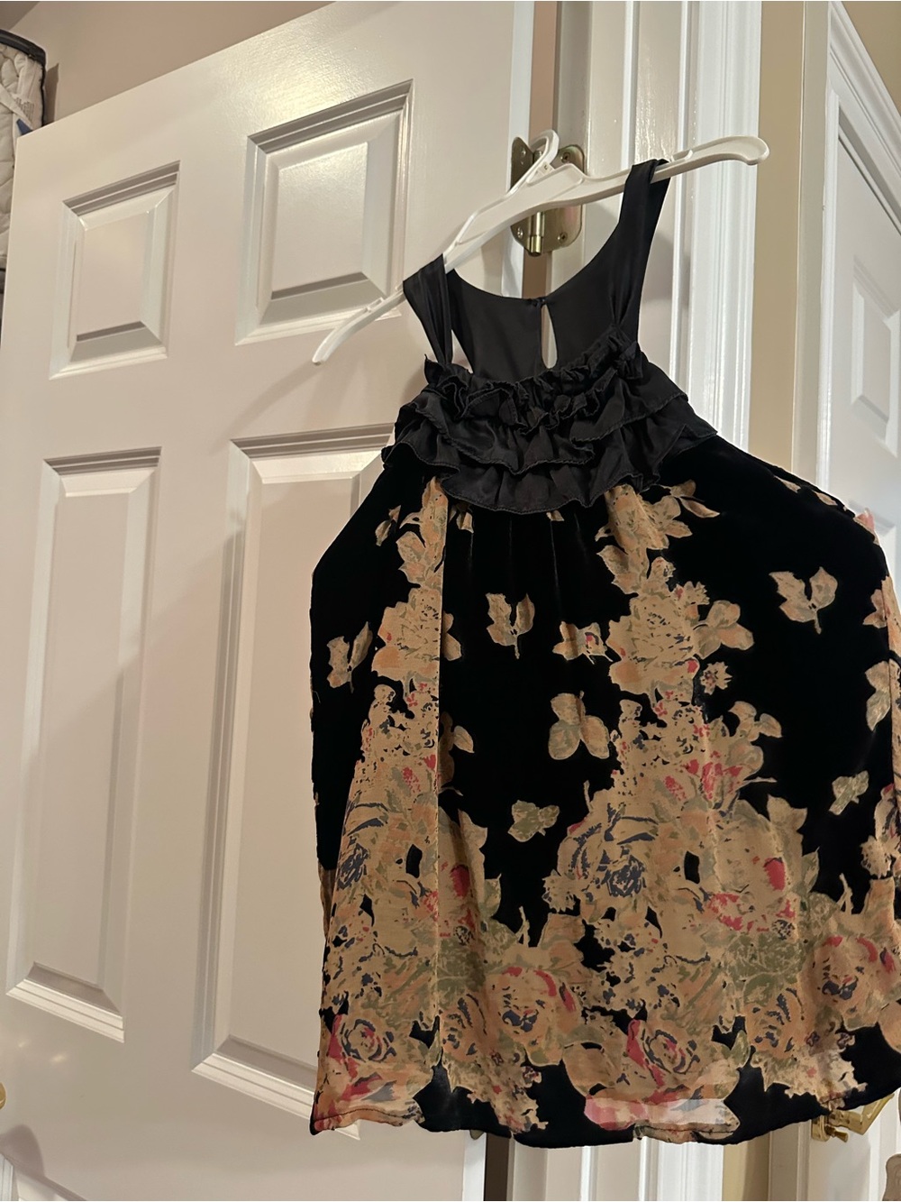 Girls' Black Velvet Floral Ruffle Dress